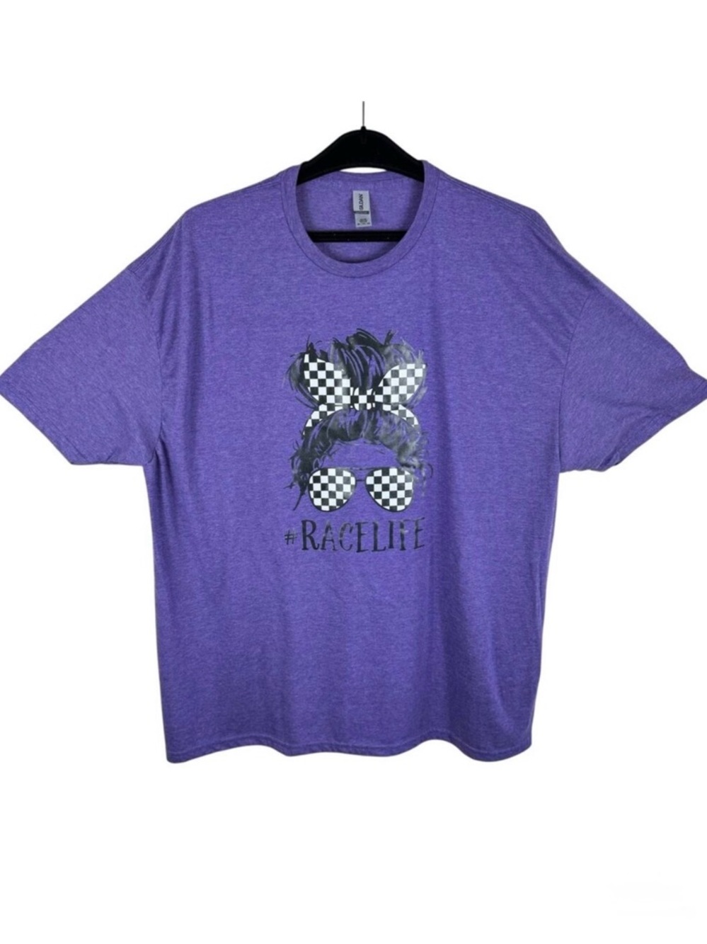 NWOT Purple Black White Checkered Race Life Crew Neck Short Sleeve T-Shirt 3XL